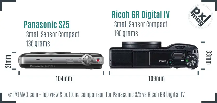 Panasonic SZ5 vs Ricoh GR Digital IV top view buttons comparison