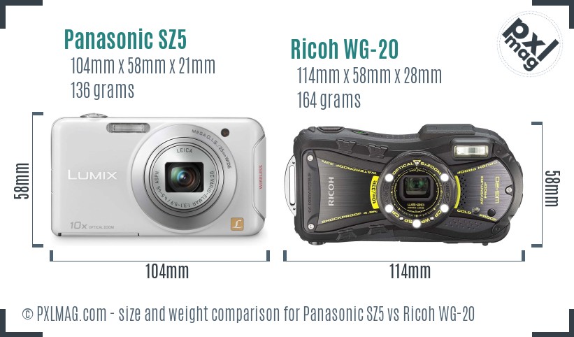 Panasonic SZ5 vs Ricoh WG-20 size comparison