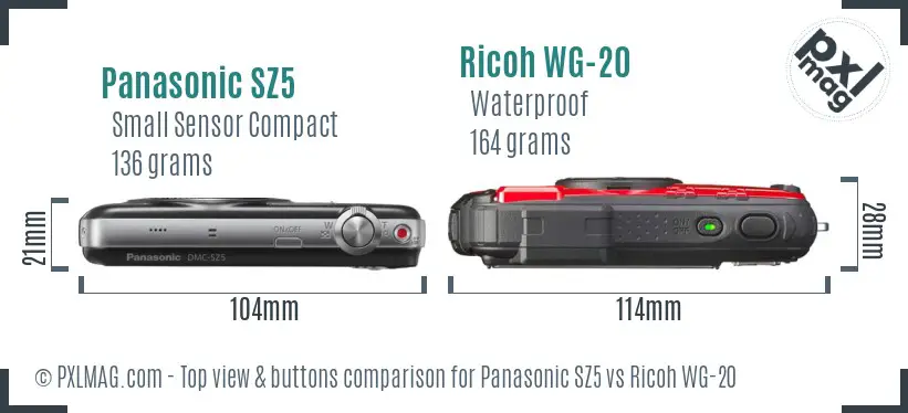 Panasonic SZ5 vs Ricoh WG-20 top view buttons comparison