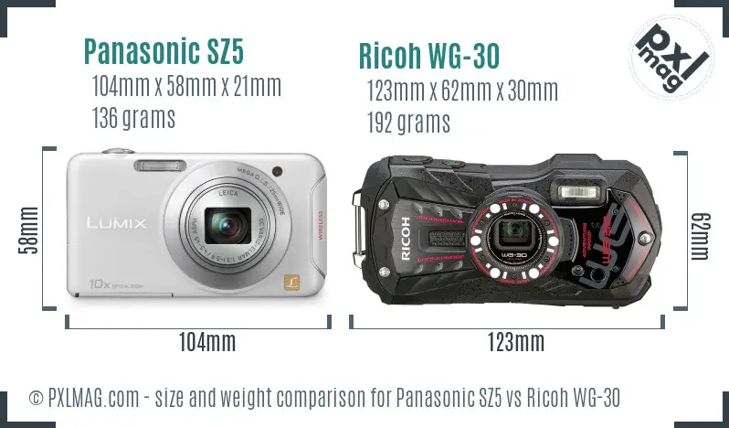 Panasonic SZ5 vs Ricoh WG-30 size comparison