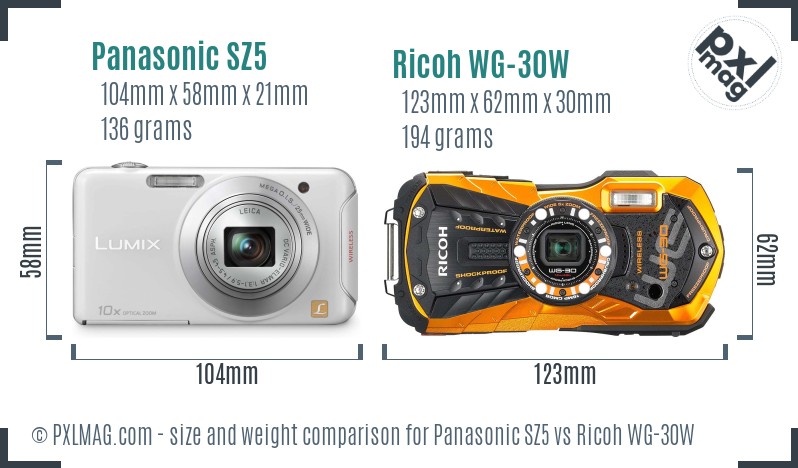 Panasonic SZ5 vs Ricoh WG-30W size comparison Panasonic SZ5 vs Ricoh WG-30W size comparison