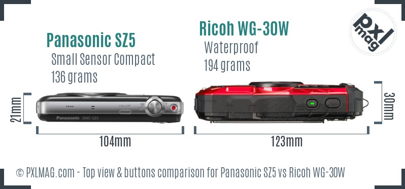 Panasonic SZ5 vs Ricoh WG-30W top view buttons comparison
