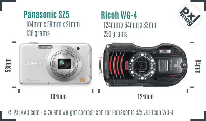 Panasonic SZ5 vs Ricoh WG-4 size comparison