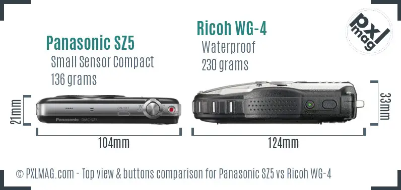 Panasonic SZ5 vs Ricoh WG-4 top view buttons comparison