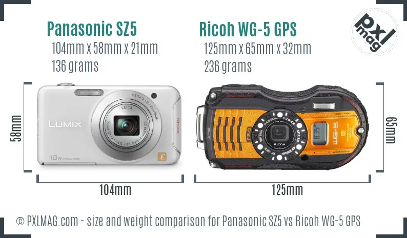 Panasonic SZ5 vs Ricoh WG-5 GPS size comparison