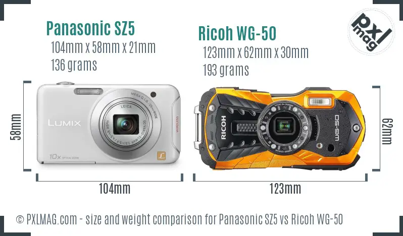 Panasonic SZ5 vs Ricoh WG-50 size comparison