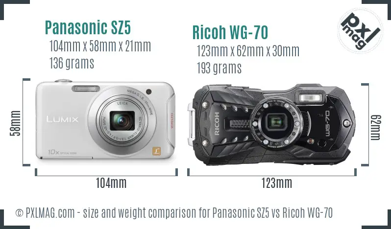 Panasonic SZ5 vs Ricoh WG-70 size comparison Panasonic SZ5 vs Ricoh WG-70 size comparison