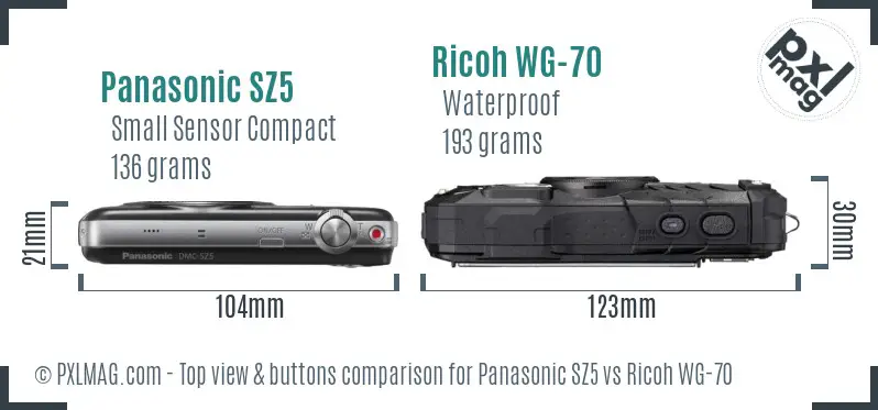 Panasonic SZ5 vs Ricoh WG-70 top view buttons comparison Panasonic SZ5 vs Ricoh WG-70 top view buttons comparison