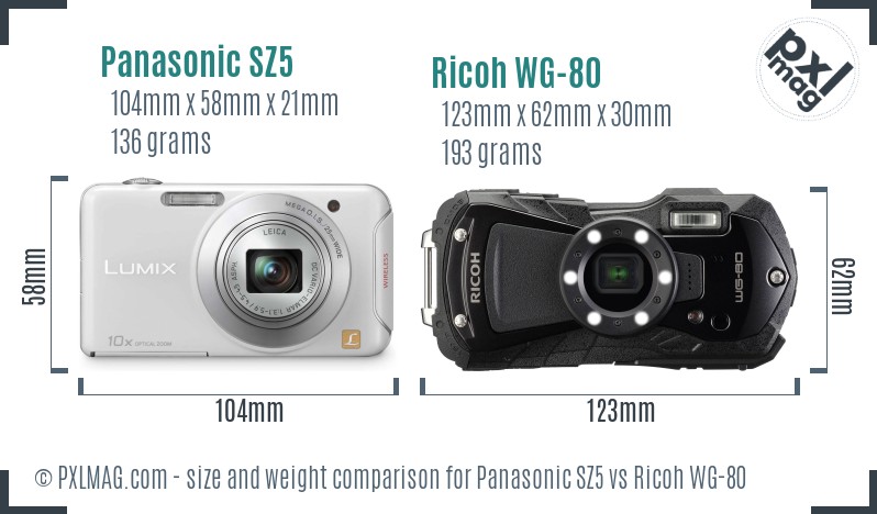 Panasonic SZ5 vs Ricoh WG-80 size comparison