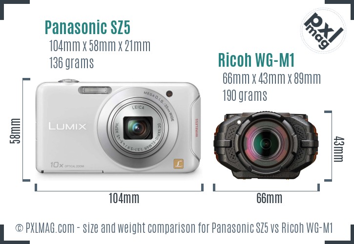 Panasonic SZ5 vs Ricoh WG-M1 size comparison