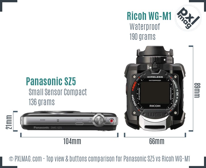 Panasonic SZ5 vs Ricoh WG-M1 top view buttons comparison