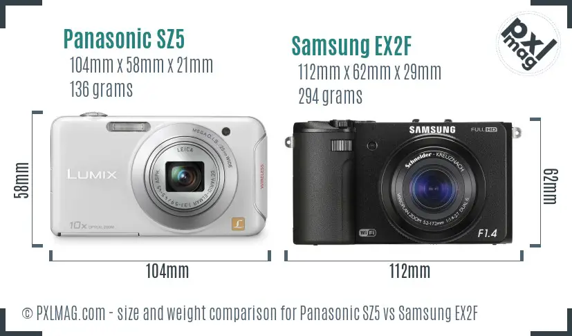 Panasonic SZ5 vs Samsung EX2F size comparison