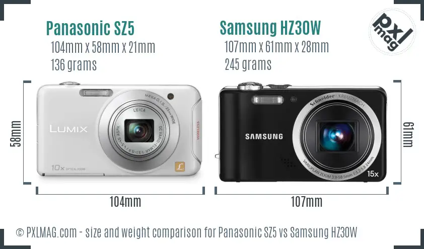 Panasonic SZ5 vs Samsung HZ30W size comparison