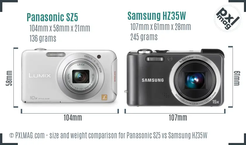 Panasonic SZ5 vs Samsung HZ35W size comparison