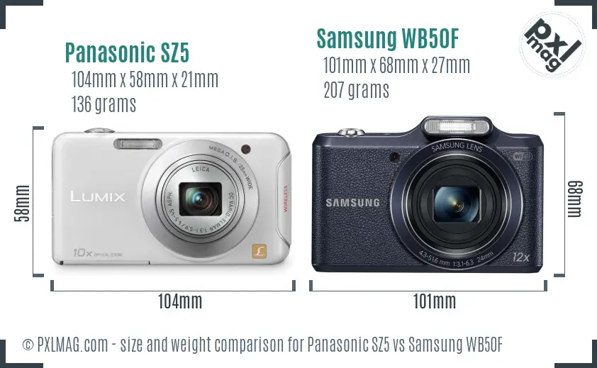 Panasonic SZ5 vs Samsung WB50F size comparison