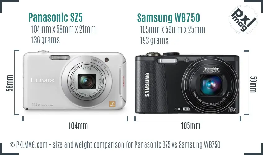 Panasonic SZ5 vs Samsung WB750 size comparison