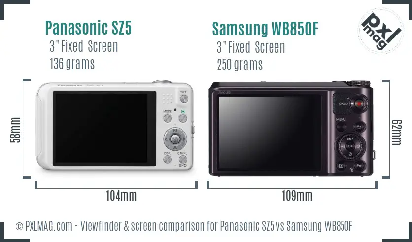 Panasonic SZ5 vs Samsung WB850F Screen and Viewfinder comparison
