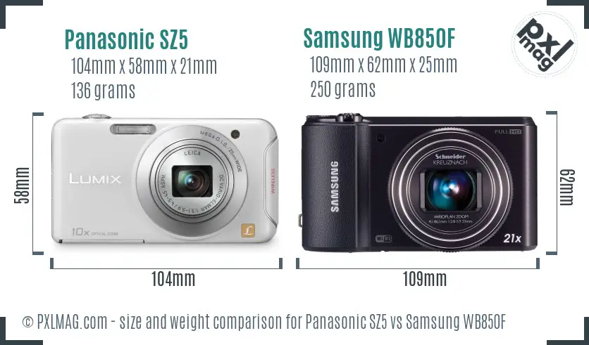 Panasonic SZ5 vs Samsung WB850F size comparison