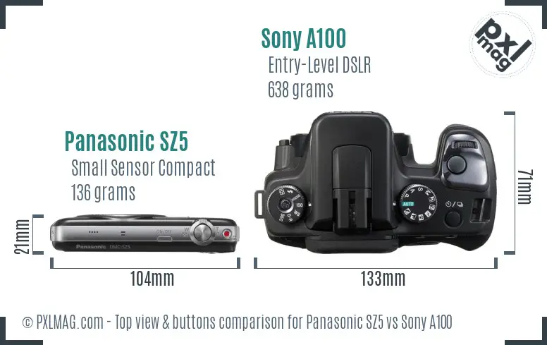 Panasonic SZ5 vs Sony A100 top view buttons comparison