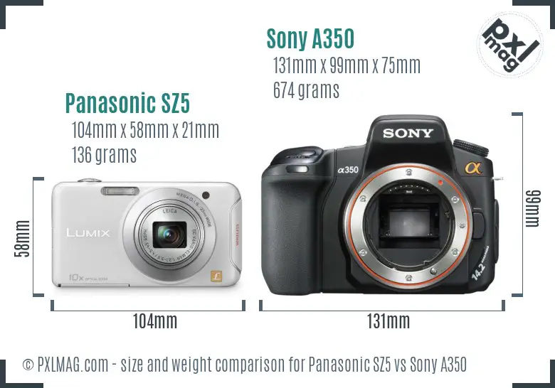 Panasonic SZ5 vs Sony A350 size comparison