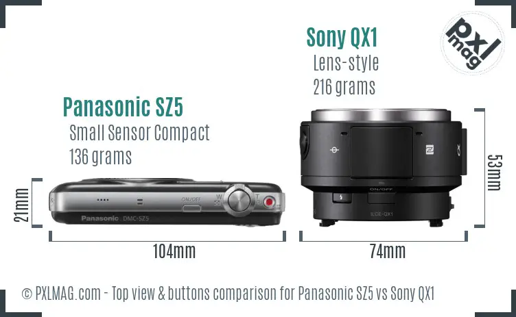 Panasonic SZ5 vs Sony QX1 top view buttons comparison Panasonic SZ5 vs Sony QX1 top view buttons comparison