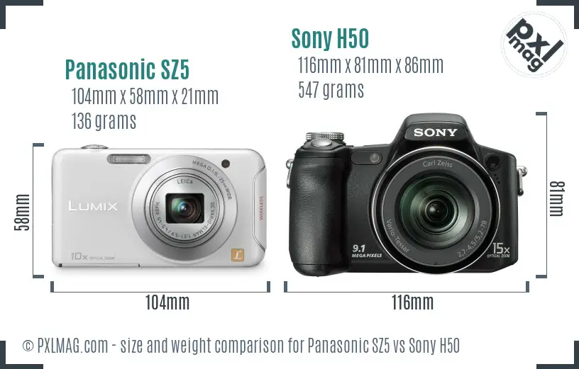 Panasonic SZ5 vs Sony H50 size comparison