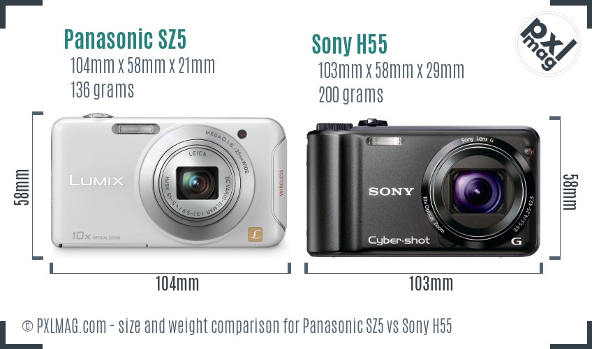 Panasonic SZ5 vs Sony H55 size comparison
