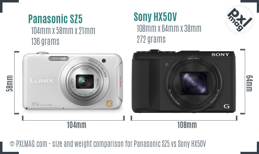 Panasonic SZ5 vs Sony HX50V size comparison