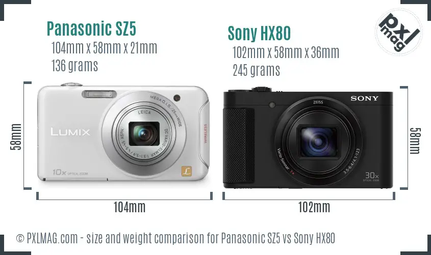 Panasonic SZ5 vs Sony HX80 size comparison