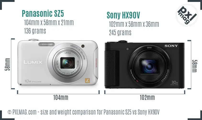 Panasonic SZ5 vs Sony HX90V size comparison