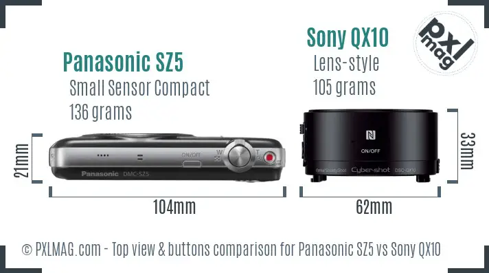 Panasonic SZ5 vs Sony QX10 top view buttons comparison Panasonic SZ5 vs Sony QX10 top view buttons comparison