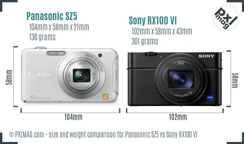 Panasonic SZ5 vs Sony RX100 VI size comparison