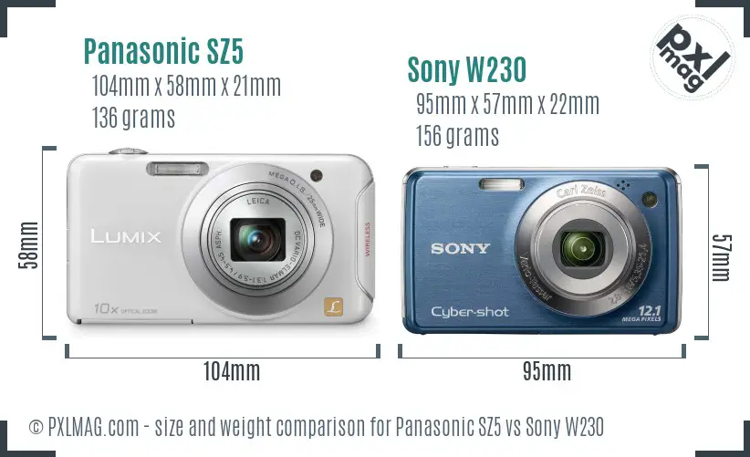 Panasonic SZ5 vs Sony W230 size comparison