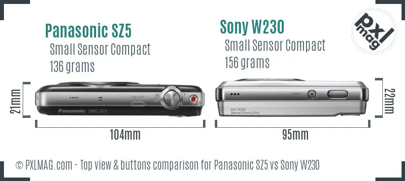 Panasonic SZ5 vs Sony W230 top view buttons comparison