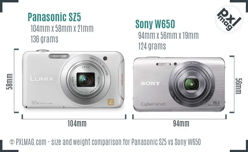 Panasonic SZ5 vs Sony W650 size comparison
