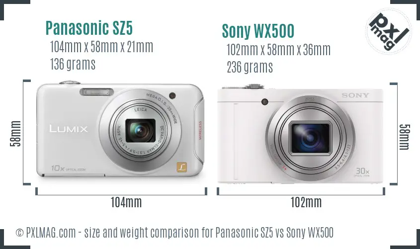 Panasonic SZ5 vs Sony WX500 size comparison
