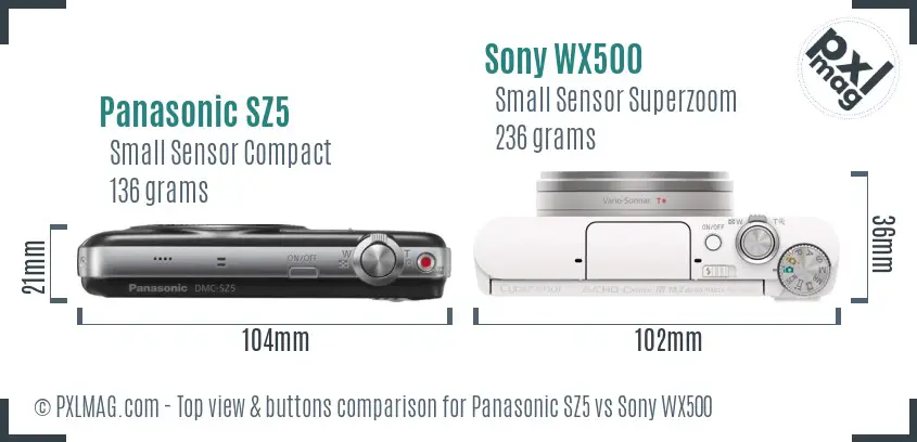 Panasonic SZ5 vs Sony WX500 top view buttons comparison
