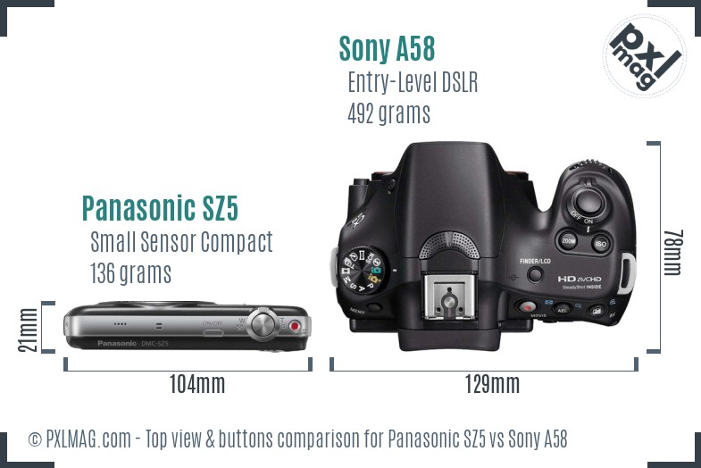Panasonic SZ5 vs Sony A58 top view buttons comparison