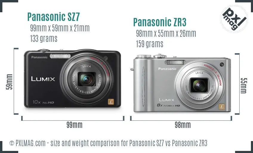Panasonic SZ7 vs Panasonic ZR3 size comparison