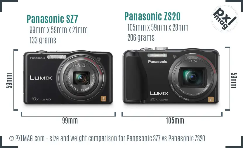 Panasonic SZ7 vs Panasonic ZS20 size comparison