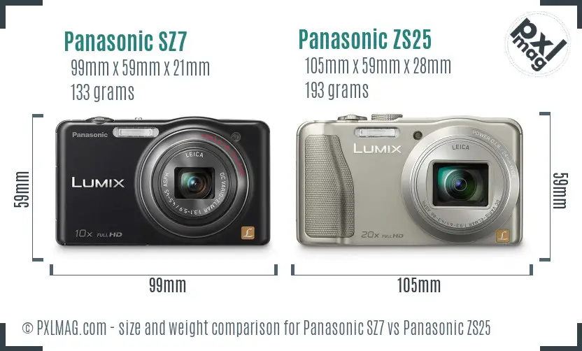 Panasonic SZ7 vs Panasonic ZS25 size comparison