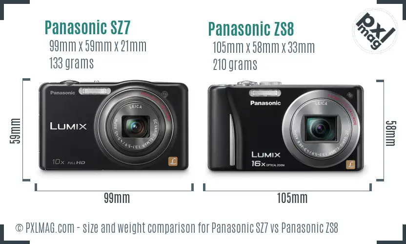 Panasonic SZ7 vs Panasonic ZS8 size comparison