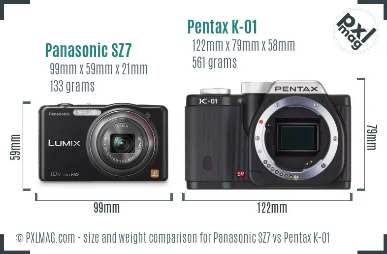 Panasonic SZ7 vs Pentax K-01 size comparison