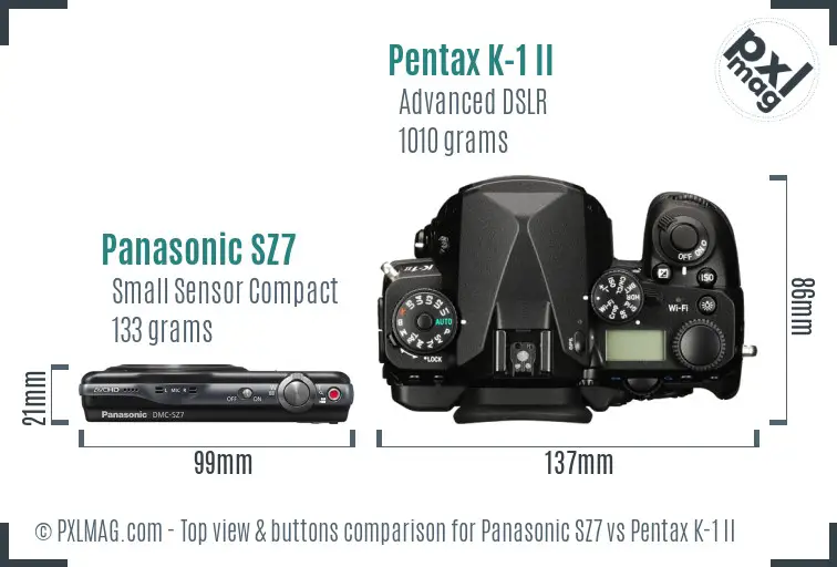 Panasonic SZ7 vs Pentax K-1 II top view buttons comparison