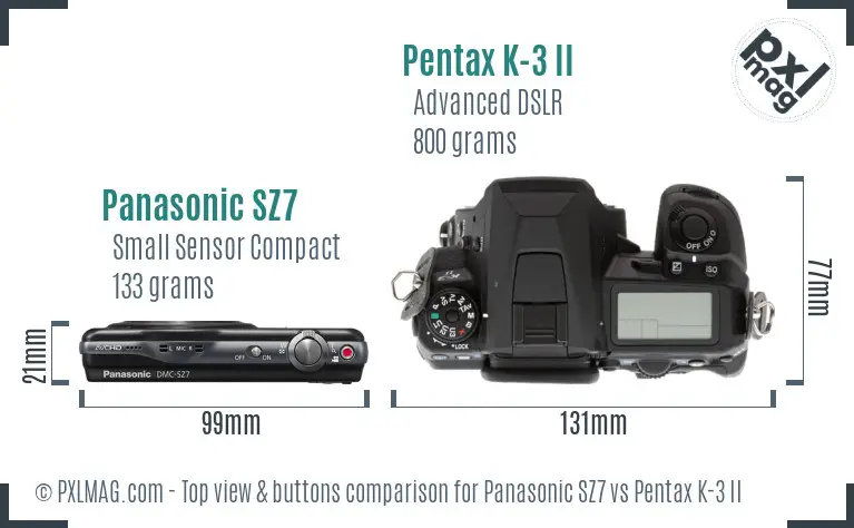 Panasonic SZ7 vs Pentax K-3 II top view buttons comparison