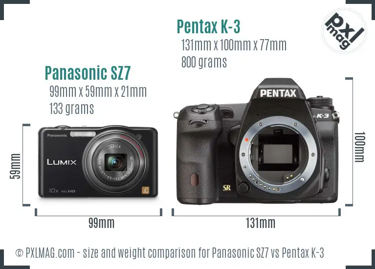 Panasonic SZ7 vs Pentax K-3 size comparison