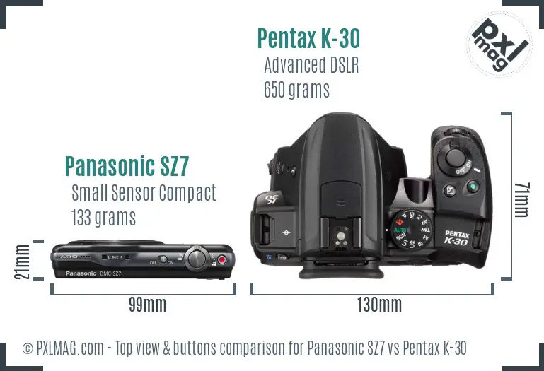 Panasonic SZ7 vs Pentax K-30 top view buttons comparison