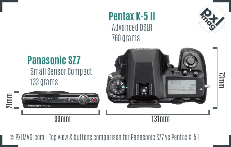 Panasonic SZ7 vs Pentax K-5 II top view buttons comparison
