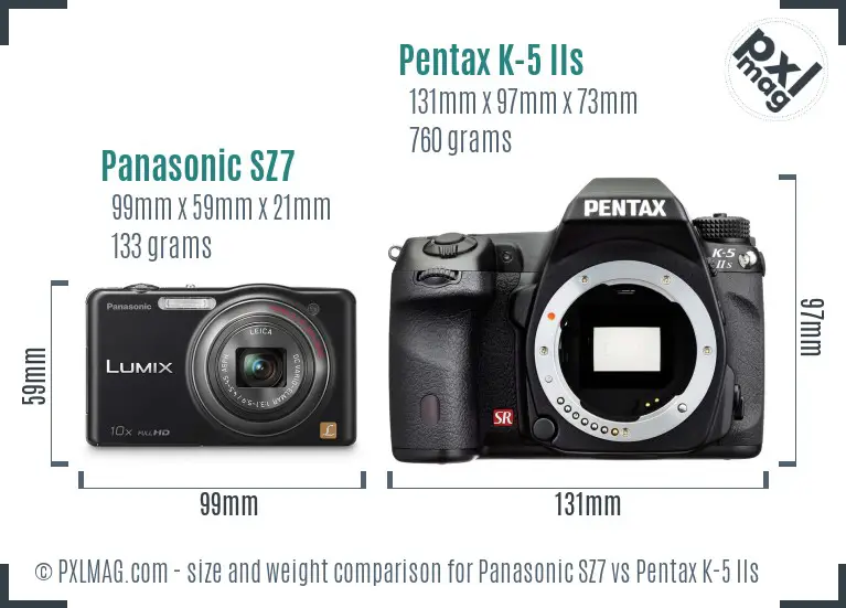 Panasonic SZ7 vs Pentax K-5 IIs size comparison