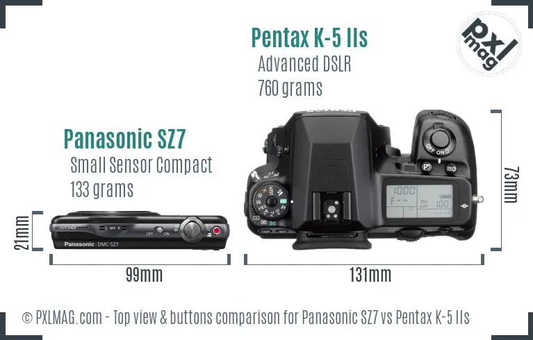 Panasonic SZ7 vs Pentax K-5 IIs top view buttons comparison